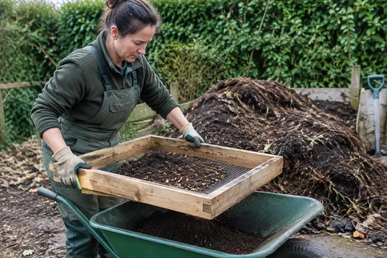 Jardinier tamisant du compost mûr à travers une maille en bois