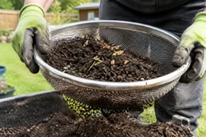 Jardinier tamisant du terreau humide à l'aide d'un tamis terreau dans un jardin.