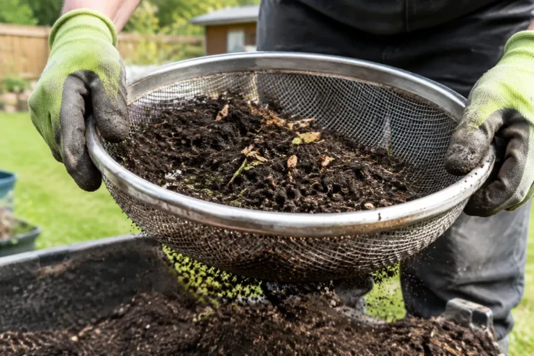 Jardinier tamisant du terreau humide à l'aide d'un tamis terreau dans un jardin.