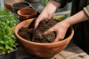 Mains de jardinier préparant un mélange de terre de bruyere ou terreau dans un pot en terre cuite.
