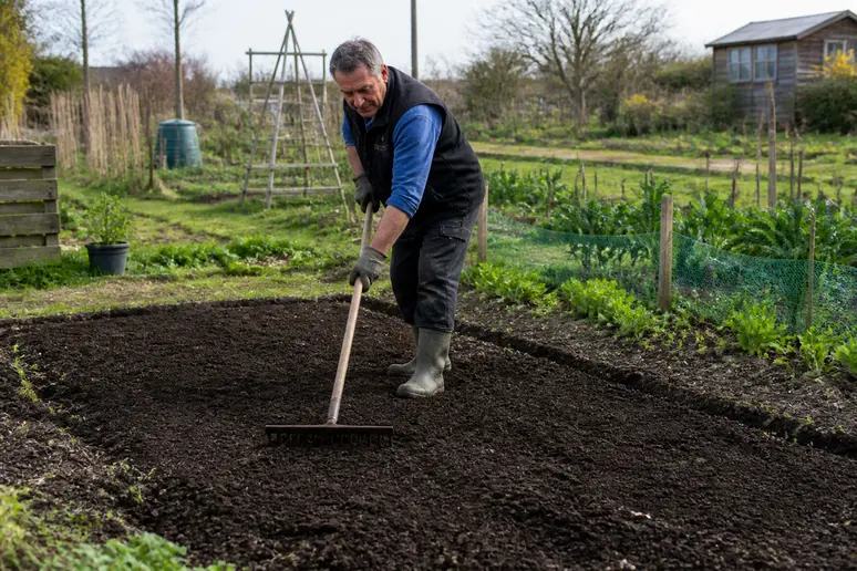 Jardinier étalant de la terre végétale sur une parcelle de potager avec un râteau.