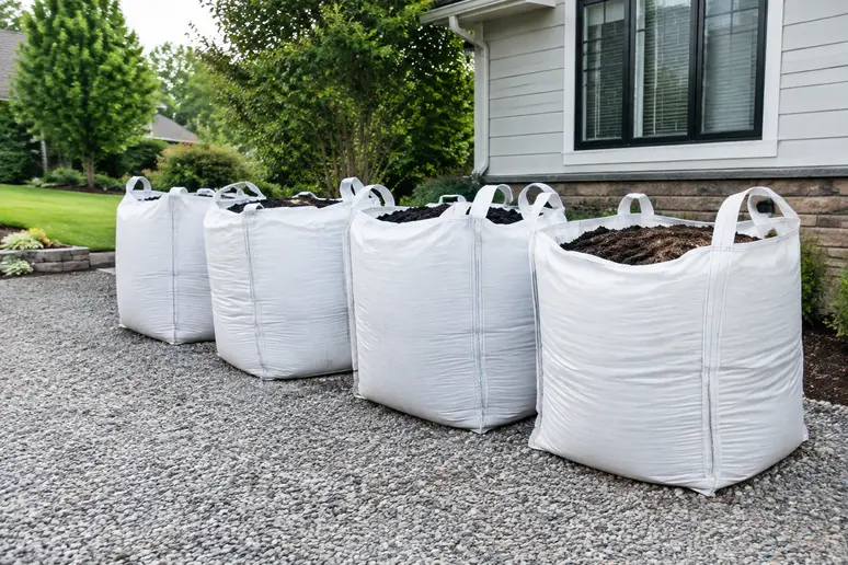 Grands sacs de terre végétale conditionnés en big bags sur une aire de stockage extérieure.