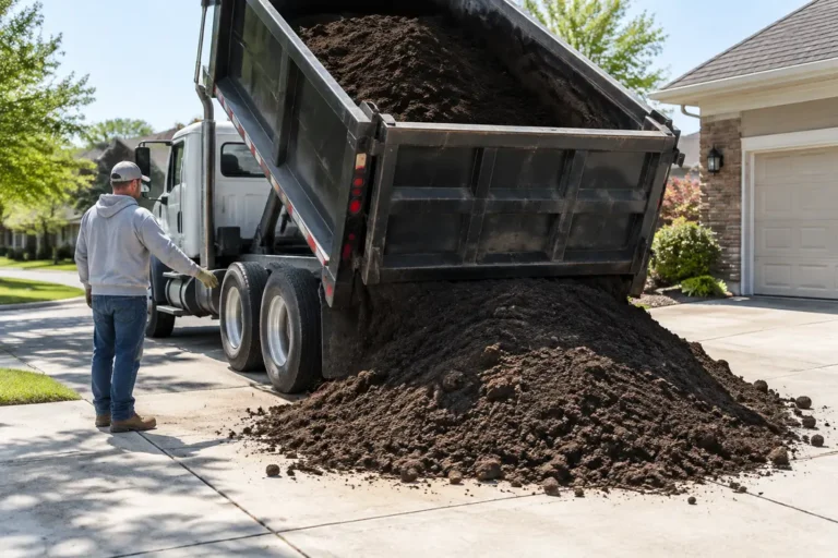 Camion déversant de la terre végétale prix m3 sur une allée de jardin pour des travaux