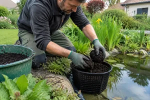 jardinier remplissant un panier de plantation avec du terreau bassin au bord de l'eau