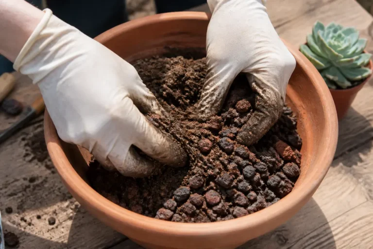 Mélange de terreau cactus et de pouzzolane dans un pot en terre cuite lors du rempotage.