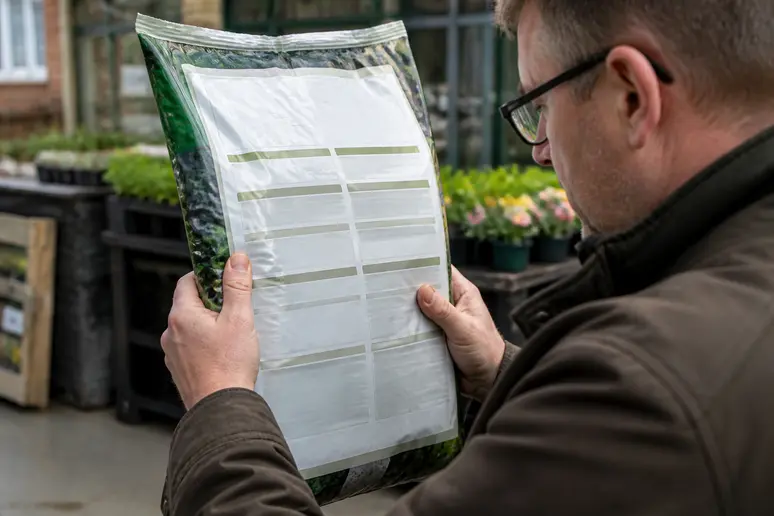 Lecture de la composition et des normes techniques au dos d'un sac de terreau de plantation