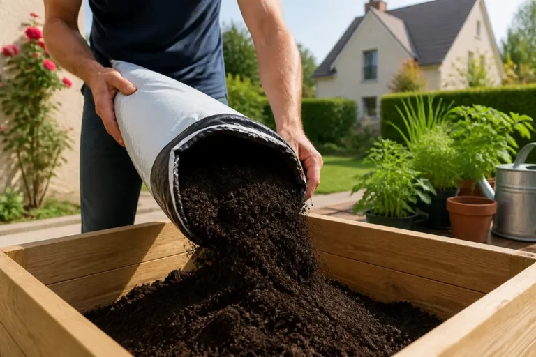 Jardinier remplissant une jardinière en bois avec du terreau de plantation de qualité