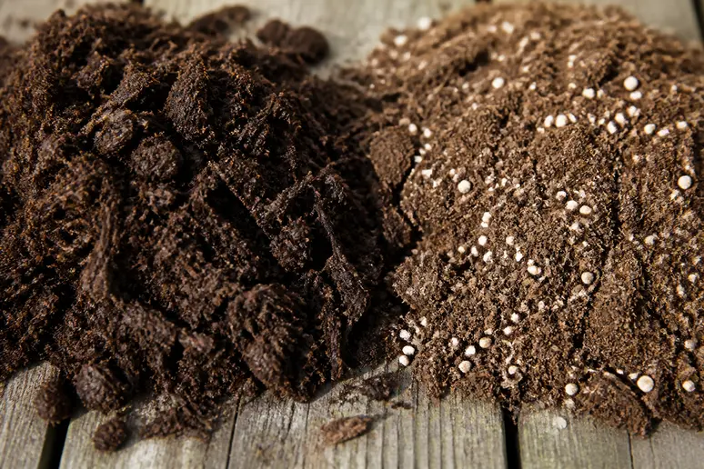 Gros plan sur la texture du compost et du terreau posés sur une table en bois.