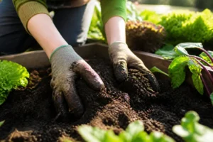 Jardinier mélangeant du terreau et compost dans la terre de son potager
