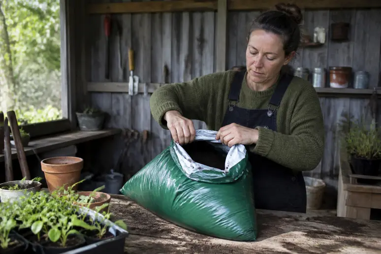 Jardinier ouvrant un sac de terreau horticole de 40 L sur une table de rempotage.