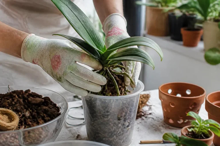 Rempotage d'une orchidée dans un terreau orchidée drainant sur une table de jardinage lumineuse.
