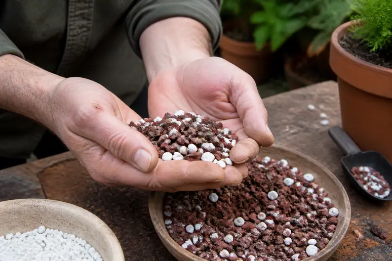 Mains examinant des grains de pouzzolane et de perlite pour le terreau plante d'intérieur