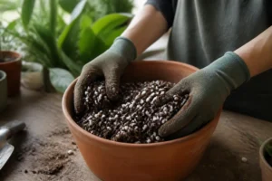 Mains préparant un mélange de terreau plante d'intérieur avec de la perlite pour le rempotage.