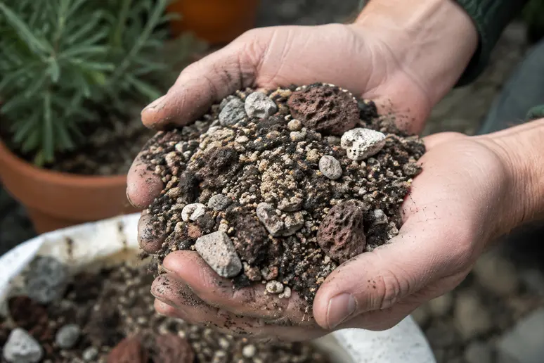 Mains tenant un terreau plantes méditerranéennes drainant enrichi en sable et pouzzolane