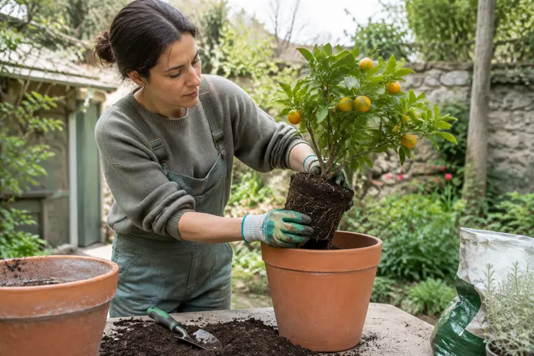 Rempotage d'un agrume avec du terreau plantes méditerranéennes dans un pot en terre cuite au printemps