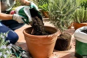 Jardinier rempotant une plante dans un grand pot avec du terreau plantes méditerranéennes ensoleillé.