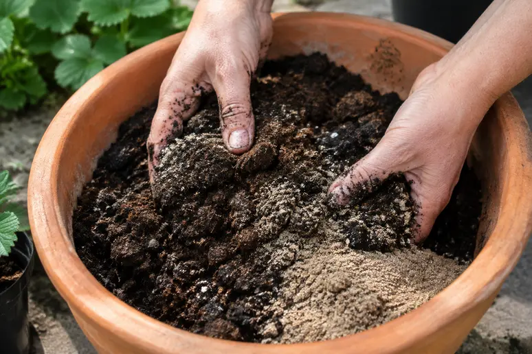 Mélange de terre de jardin et de sable pour le terreau pour fraise en pot