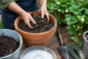 Jardinier préparant un terreau pour fraise avec du compost et du drainage dans un pot