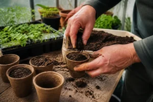 Mains de jardinier préparant du terreau semis dans des pots biodégradables sous une serre lumineuse