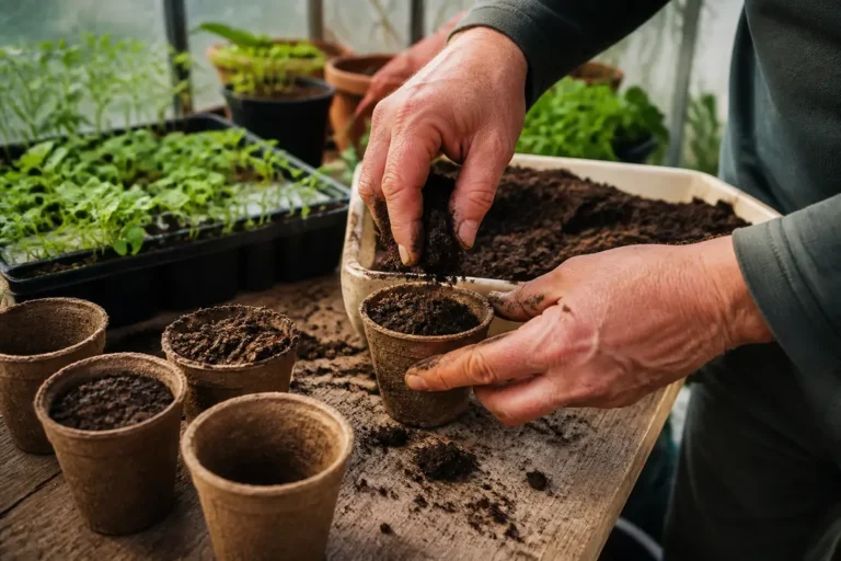 Mains de jardinier préparant du terreau semis dans des pots biodégradables sous une serre lumineuse