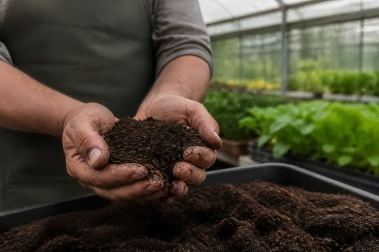 Jardinier observant la structure granuleuse d'un terreau horticole adapté aux plantes exigeantes