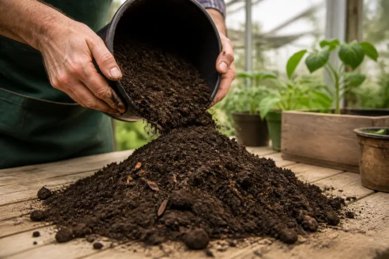 Mains de jardinier manipulant du terreau universel de qualité supérieure sur un établi en bois