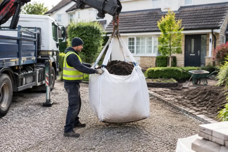Livraison par camion grue d'un grand sac de terres vegetales prix sur un chantier de jardin