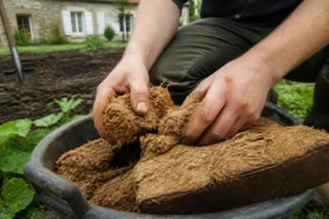 Jardinier manipulant un bloc de tourbe blonde compressée pour préparer ses plantations au jardin.