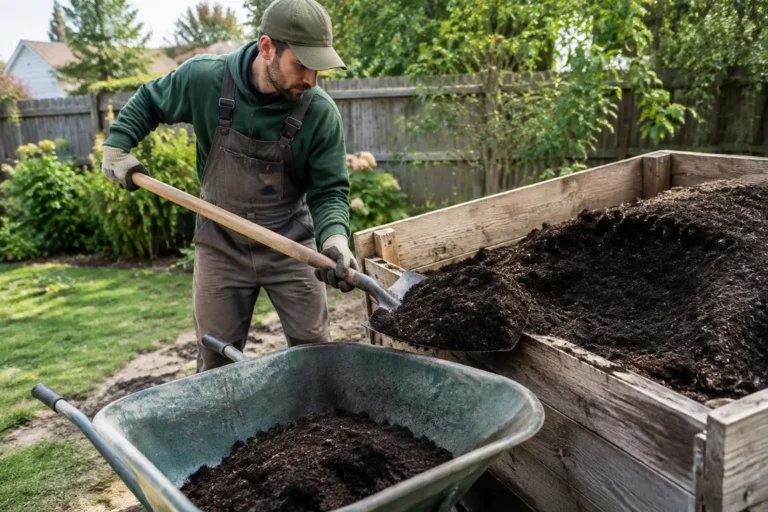 Jardinier remplissant une brouette de terreau pour estimer 1 tonne de terreau en m3 dans un jardin