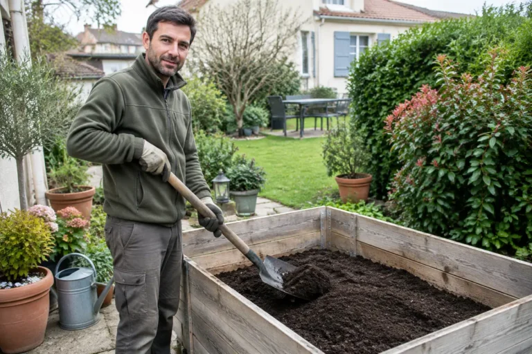 Jardinier remplissant une pelle avec du 1m3 de terreau en kg dans un jardin