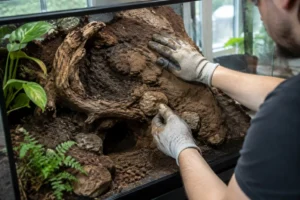Mise en place de excavator substrat dans un terrarium pour façonner le décor