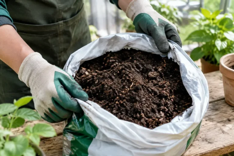 Jardinier ouvrant un sac de liddle terreau sur un établi en bois dans une serre lumineuse