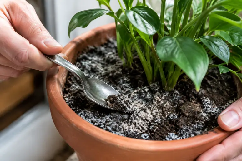 Mains utilisant une cuillère pour retirer délicatement la moisissure terre plante en surface du pot