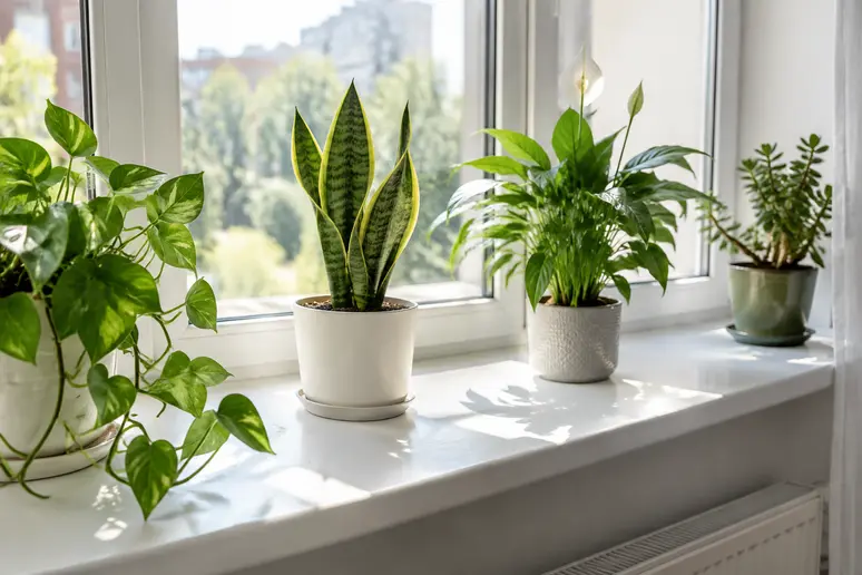 Plantes d'intérieur espacées sur un rebord de fenêtre lumineux pour prévenir la moisissure terre plante