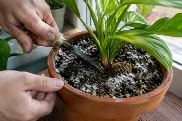 Une personne retire délicatement la moisissure terre plante à l'aide d'un petit outil de jardinage.