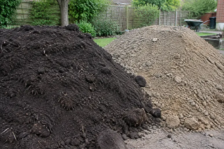 Tas de terre végétale sombre et de matériau de remblai sur un chantier de jardin