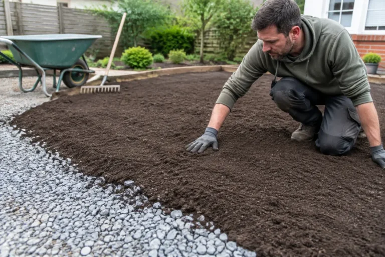 Paysagiste étalant de la terre végétale de qualité pour savoir ou trouver de la terre pour le jardin.