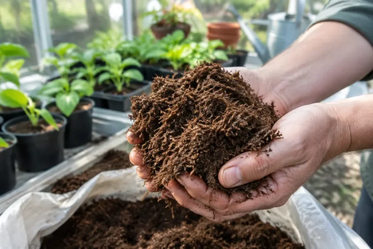 Mains de jardinier manipulant du peat moss tourbe fibreux et humide dans une serre lumineuse