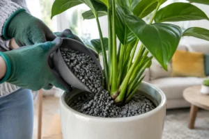 Utilisation de pon substrat pour empoter une plante verte dans un salon lumineux
