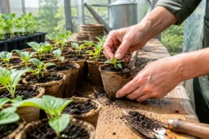 Un jardinier inspecte de jeunes semis dans un pot en tourbe installé sur un établi en bois.