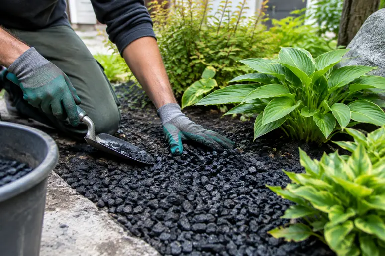 Jardinier étalant de la pouzzolane noir au pied des plantes dans un aménagement paysager