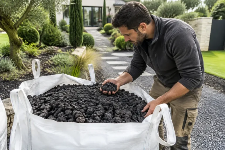 Aménagement paysager extérieur avec de la pouzzolane noir en vrac pour un jardin moderne