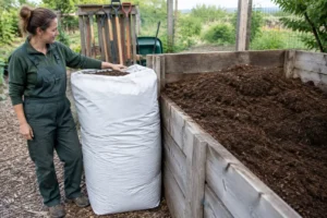 Jardinier comparant un sac de 250 L et du vrac pour analyser le prix tourbe.