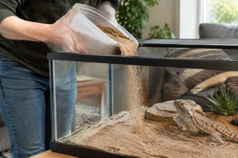 Mise en place d'un substrat pogona adapté dans un terrarium désertique lumineux