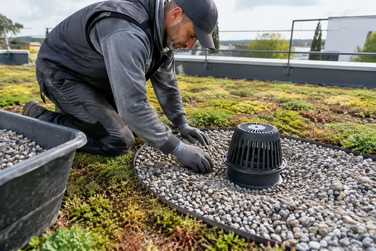 Ouvrier posant la zone stérile en gravillons autour d'une évacuation d'eau sur une toiture végétalisée.