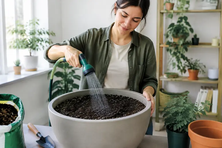 Arrosage minutieux du terreau all mix dans un grand pot avant plantation