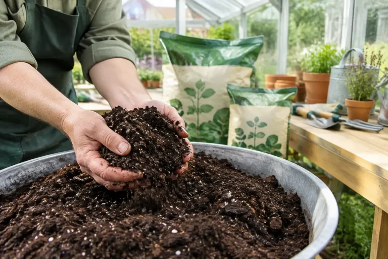 Jardinier manipulant du terreau all mix pour rempoter des plants dans une serre lumineuse