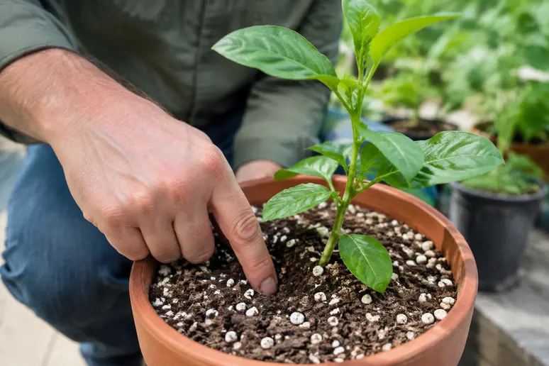 Jardinier contrôlant l'humidité d'un jeune plant dans son terreau light mix