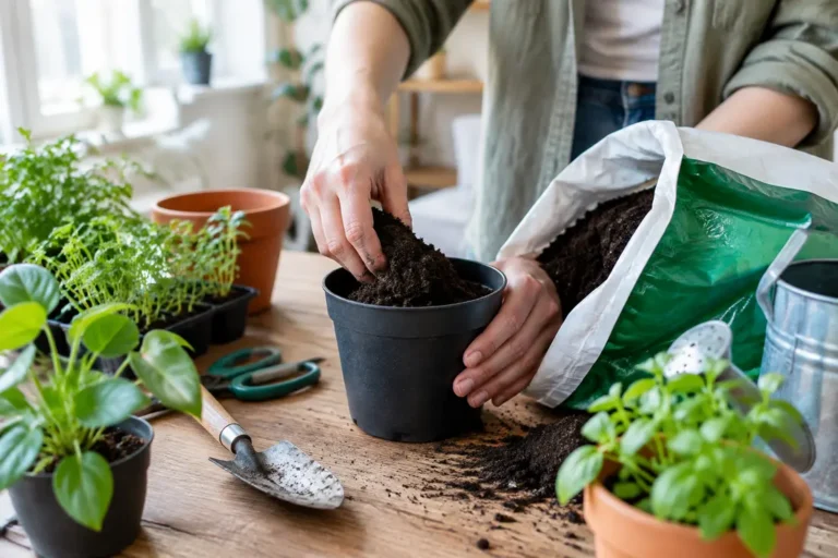 Un jardinier manipule du terreau light mix dans un pot sur une table de rempotage