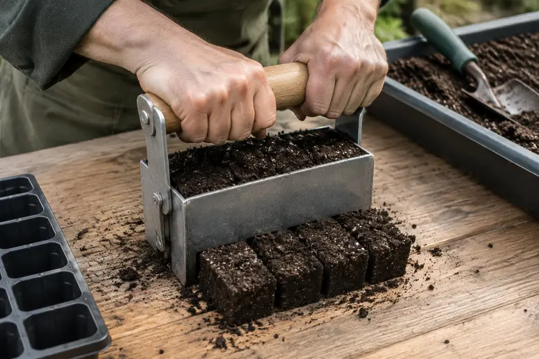 Utilisation d'un presse-motte manuel pour compacter le terreau et former des blocs de semis